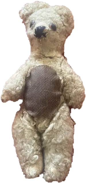 Robert&rsquo;s childhood teddy bear: worn cream mohair, a patched belly, one ear bent.